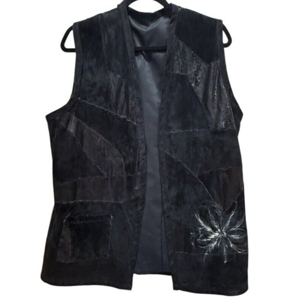 Vintage Suede Patchwork Painted Faux Leather Long Vest Black Unbranded M/L‎